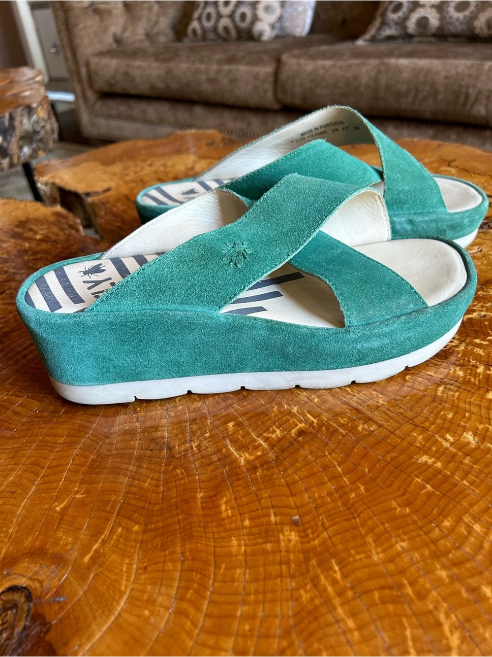 Fly London Teal Suede Crisscross Platform Sandals - Picture 5 of 6